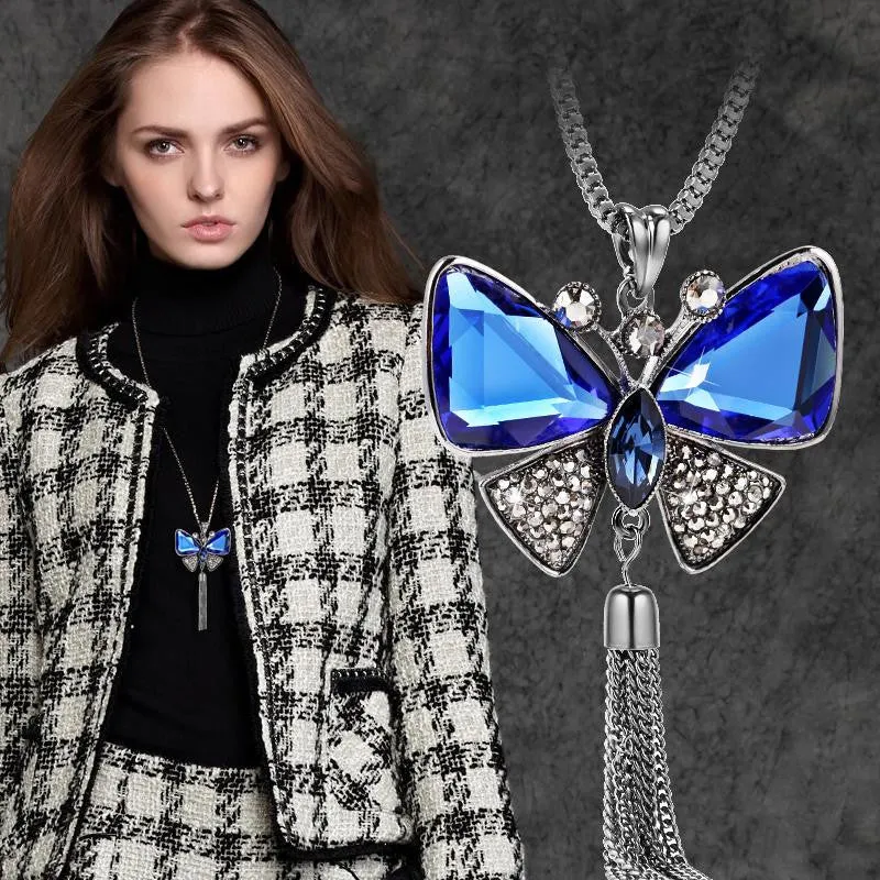 Butterfly Necklace Trendy Zinc Alloy Rhinestone Crystal Necklace Long Chain Pendant Necklaces For Women Jewelry