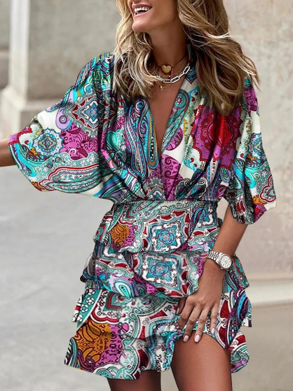 Captivating Charm: Women's V Neck Mini Dress with Ruffle Layered Skirt
