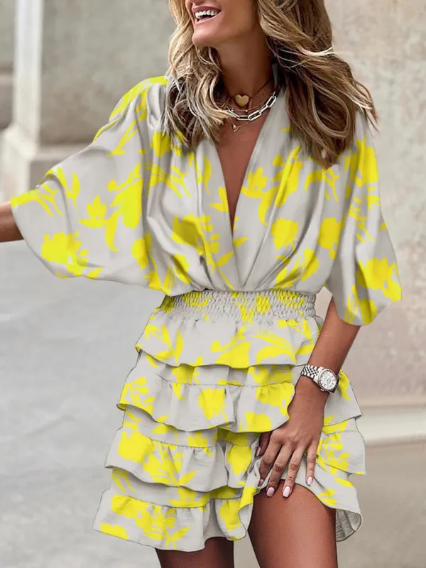 Captivating Charm: Women's V Neck Mini Dress with Ruffle Layered Skirt
