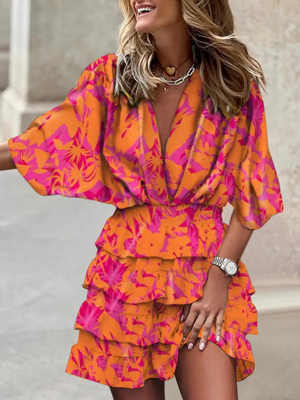 Captivating Charm: Women's V Neck Mini Dress with Ruffle Layered Skirt