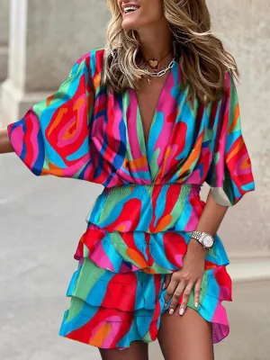Captivating Charm: Women's V Neck Mini Dress with Ruffle Layered Skirt