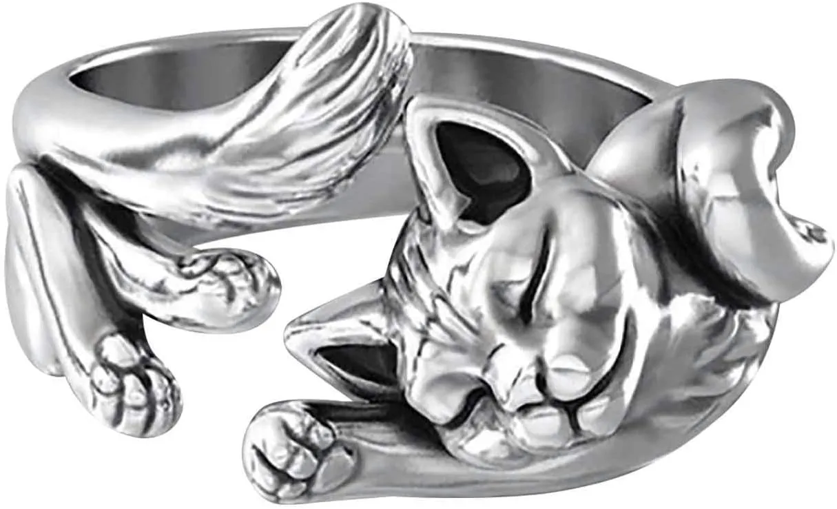 Cat Design Women Teen Girl Opening Rings, plated Silver Cute Animal Adjustable Paws Finger Rings Cat Lovers for