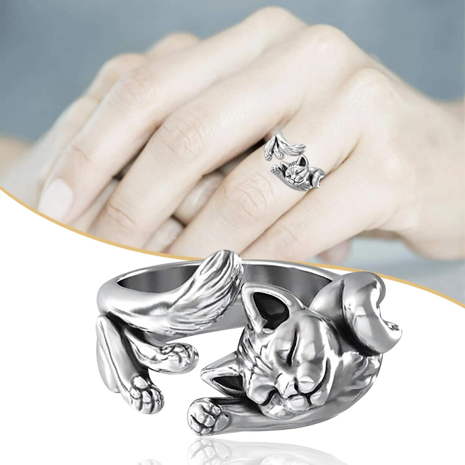 Cat Design Women Teen Girl Opening Rings, plated Silver Cute Animal Adjustable Paws Finger Rings Cat Lovers for