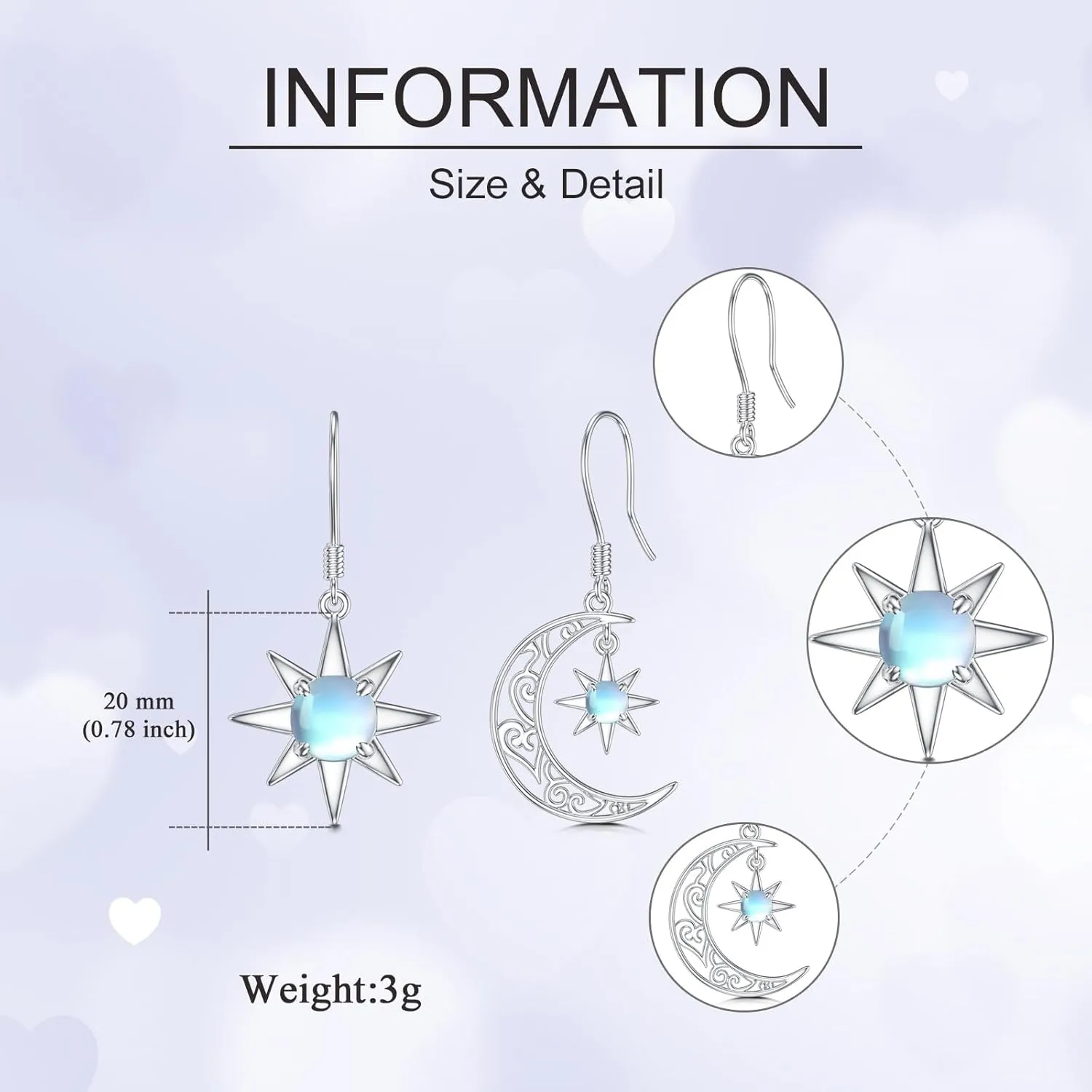 Celtic Earrings 925 Sterling Silver Baseball Claddagh Moonstone Sun Moon and Star Dangle Drop Earrings Irish Jewelry Gift for Women