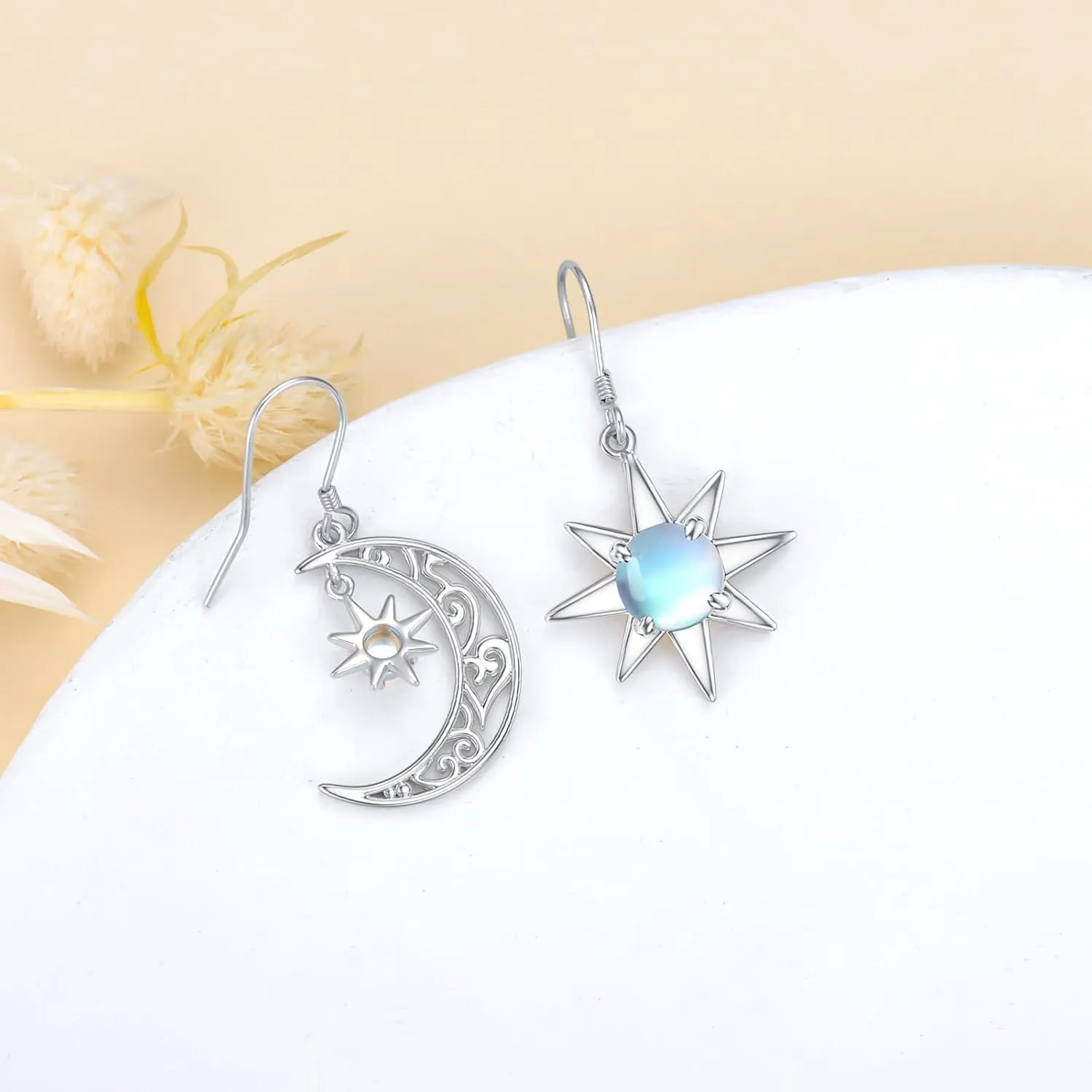 Celtic Earrings 925 Sterling Silver Baseball Claddagh Moonstone Sun Moon and Star Dangle Drop Earrings Irish Jewelry Gift for Women