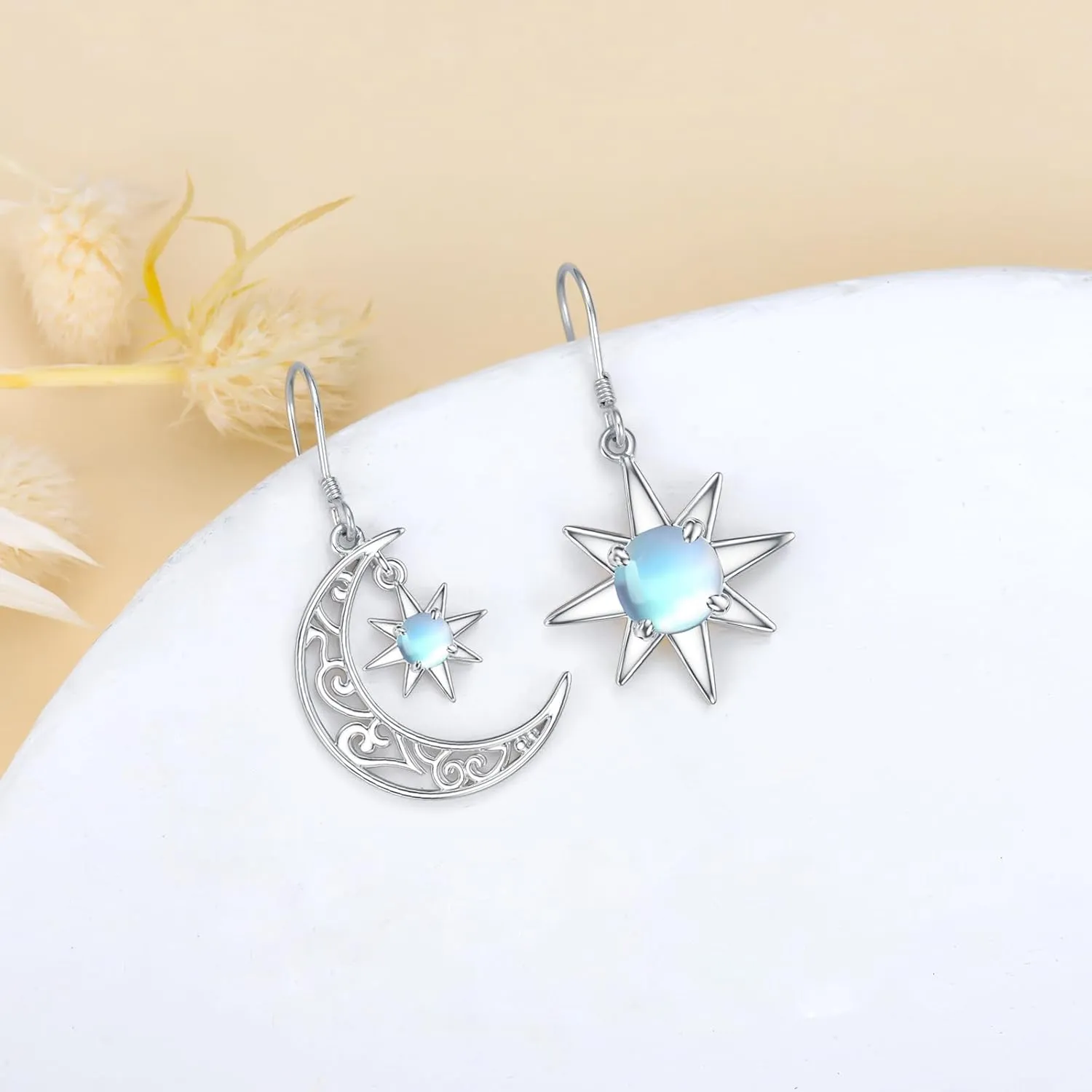 Celtic Earrings 925 Sterling Silver Baseball Claddagh Moonstone Sun Moon and Star Dangle Drop Earrings Irish Jewelry Gift for Women