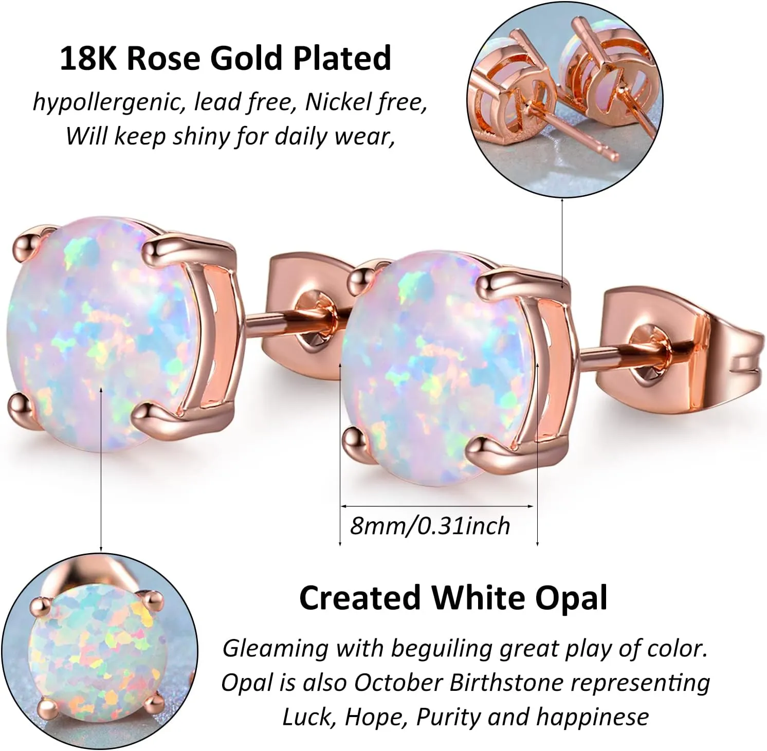 CERSLIMO Multi Colors fire Opal Stud Earrings Birthstone Earrings For Women 8mm