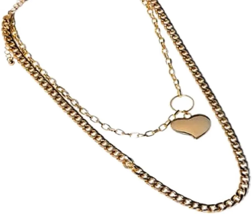 Charming Charlie 2 Layered Curb Chain Heart Pendant Gold Necklace For Women; Elegant Stacked And Smart Style-wise Necklaces.