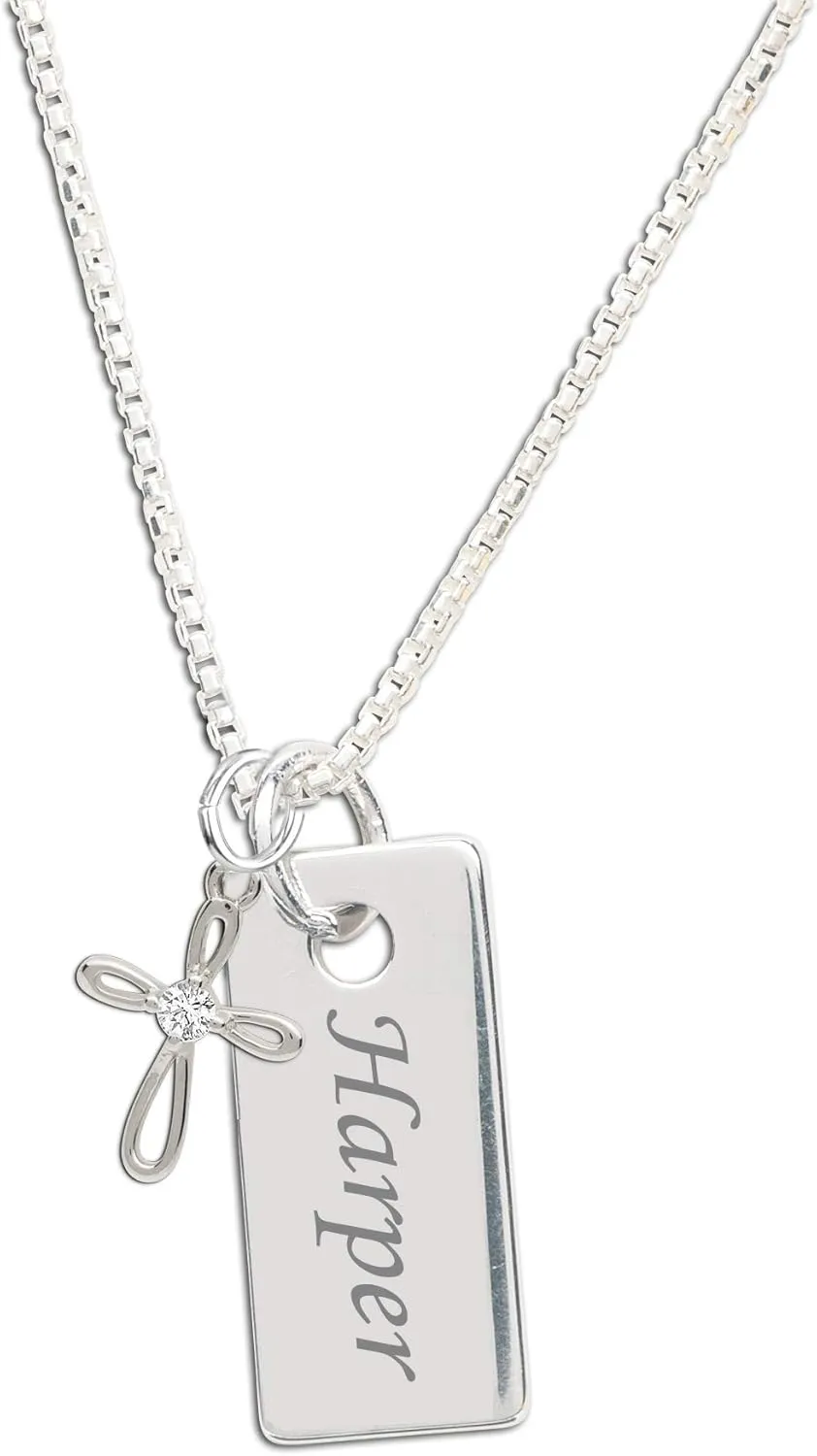 Cherished Moments Personalized Sterling Silver Vertical Bar Necklace with Cross or Heart Charm, First Communion Gift for Girls, Custom Engraved Confirmation Gift for Teens and Women