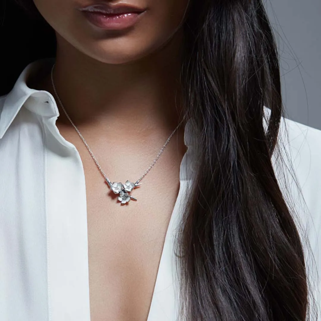 Cherry Blossom Flower Posey Pendant - Silver & Diamond