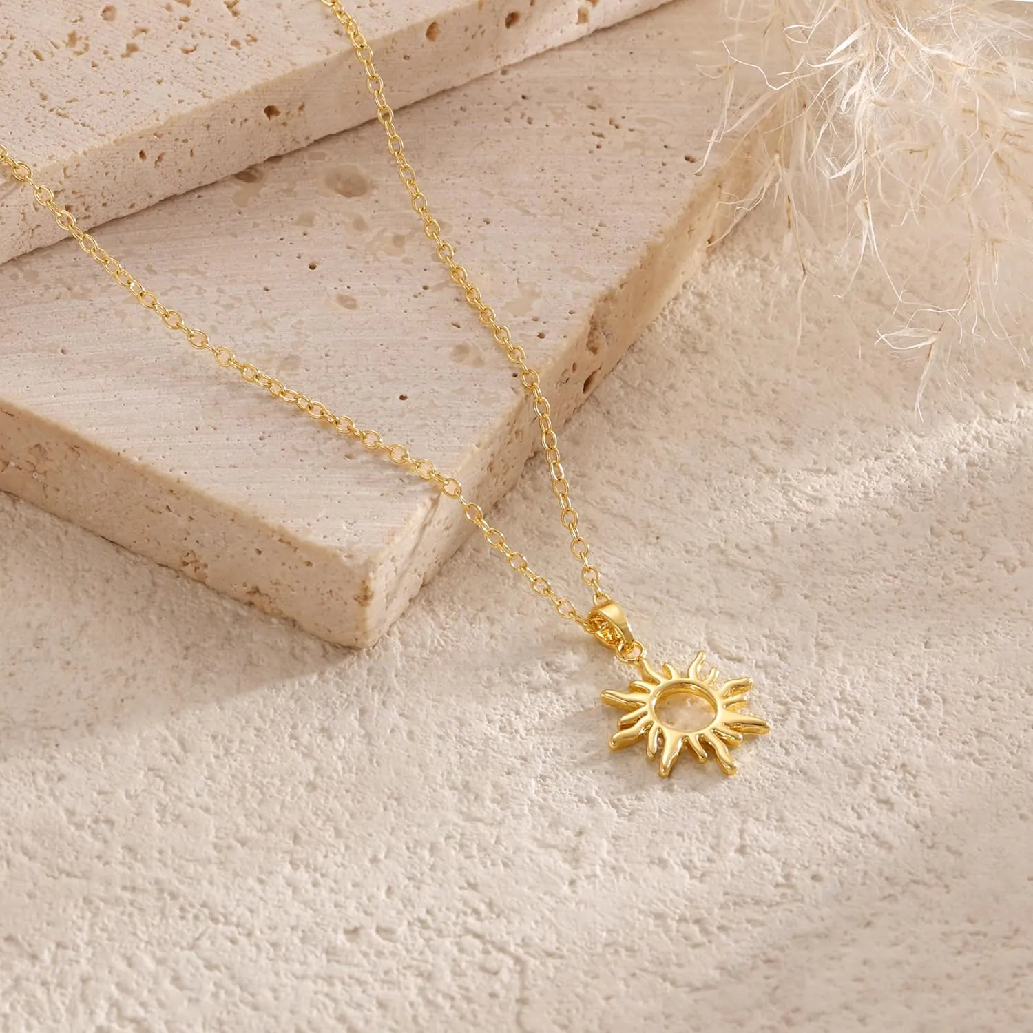 CHESKY Gold Pendant Necklace for Women, 14K Gold Plated Cubic Zirconia Dainty Sun and Moon Necklace Cute Minimalist Diamond Gemstone Turquoise Chain Choker Sunflower Necklace Jewelry Gifts for Women