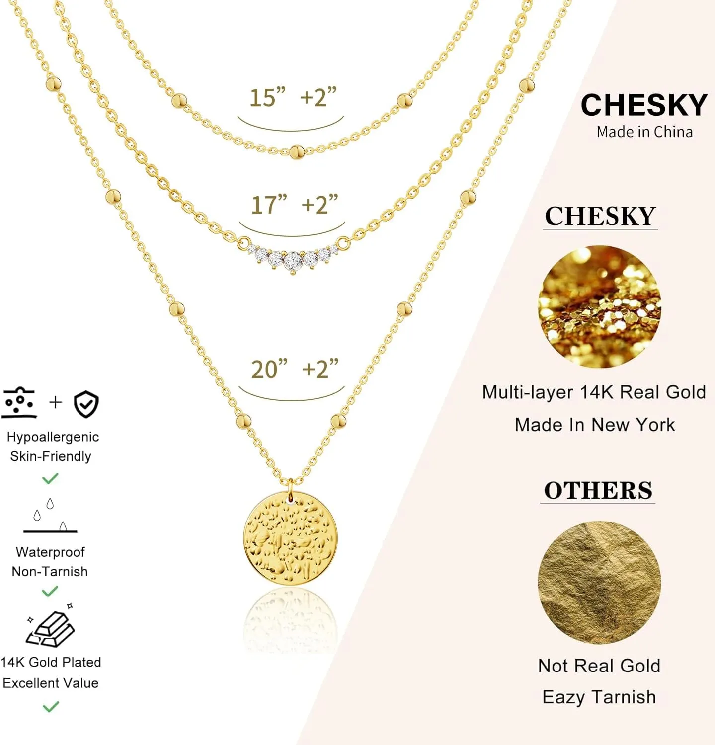 CHESKY Layered Gold Necklaces for Women, Dainty 14K Real Gold/Silver Plated Chain Necklace Diamond CZ Pendant Necklace for Women Adjustable Layering Choker Necklace Gold jewelry for Women Gifts