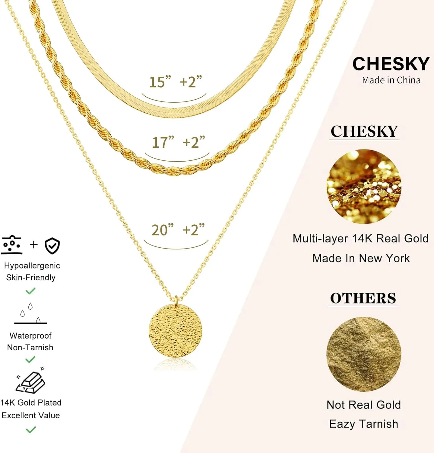 CHESKY Layered Gold Necklaces for Women, Dainty 14K Real Gold/Silver Plated Chain Necklace Diamond CZ Pendant Necklace for Women Adjustable Layering Choker Necklace Gold jewelry for Women Gifts