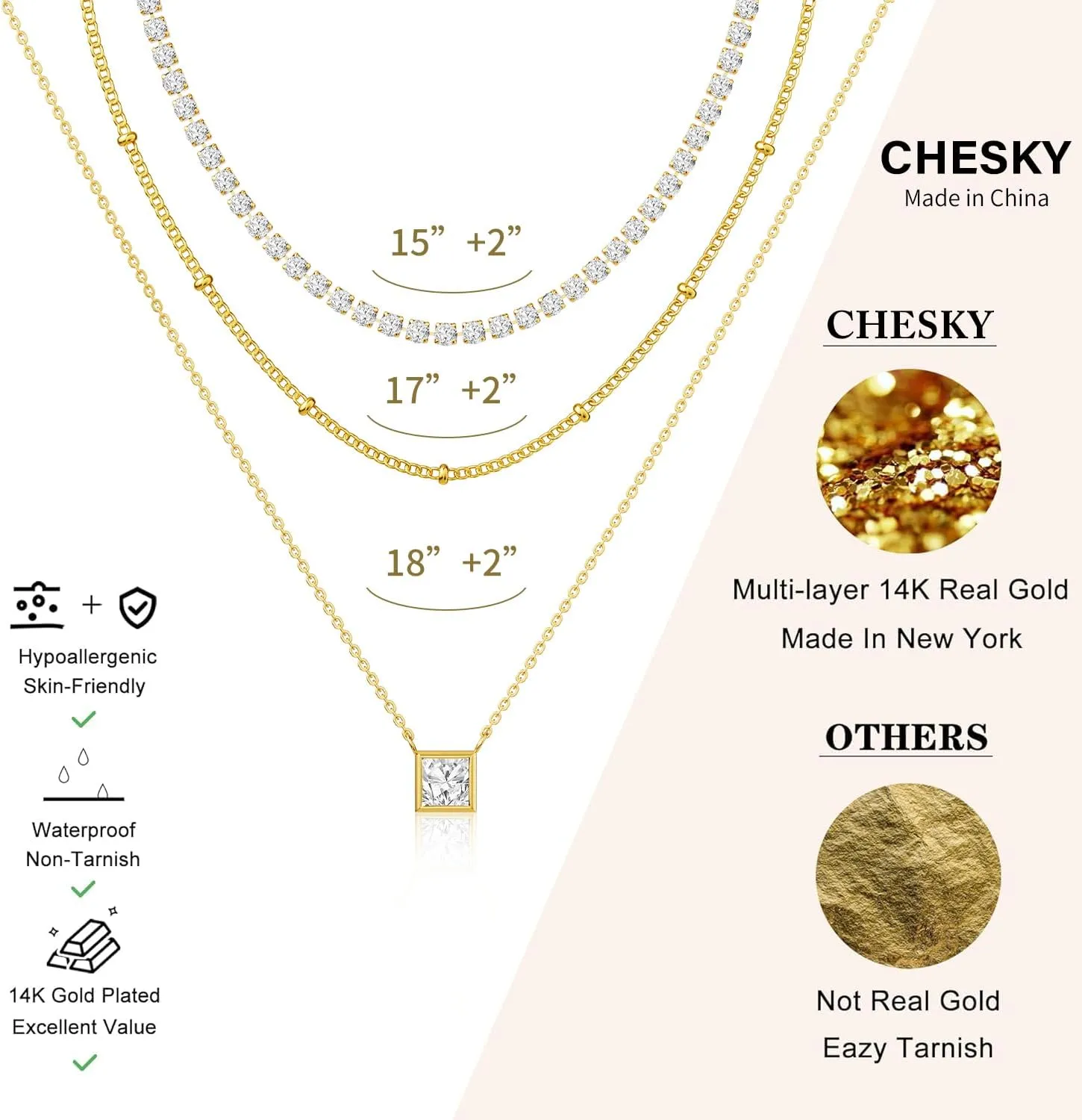 CHESKY Layered Gold Necklaces for Women, Dainty 14K Real Gold/Silver Plated Chain Necklace Diamond CZ Pendant Necklace for Women Adjustable Layering Choker Necklace Gold jewelry for Women Gifts