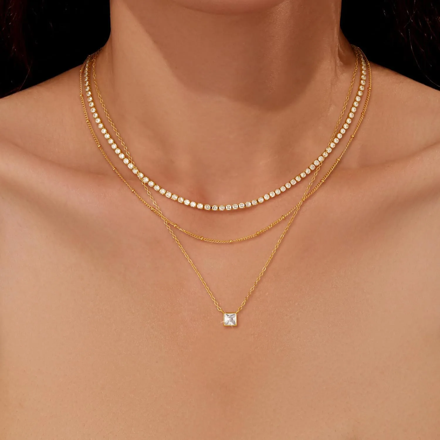 CHESKY Layered Gold Necklaces for Women, Dainty 14K Real Gold/Silver Plated Chain Necklace Diamond CZ Pendant Necklace for Women Adjustable Layering Choker Necklace Gold jewelry for Women Gifts