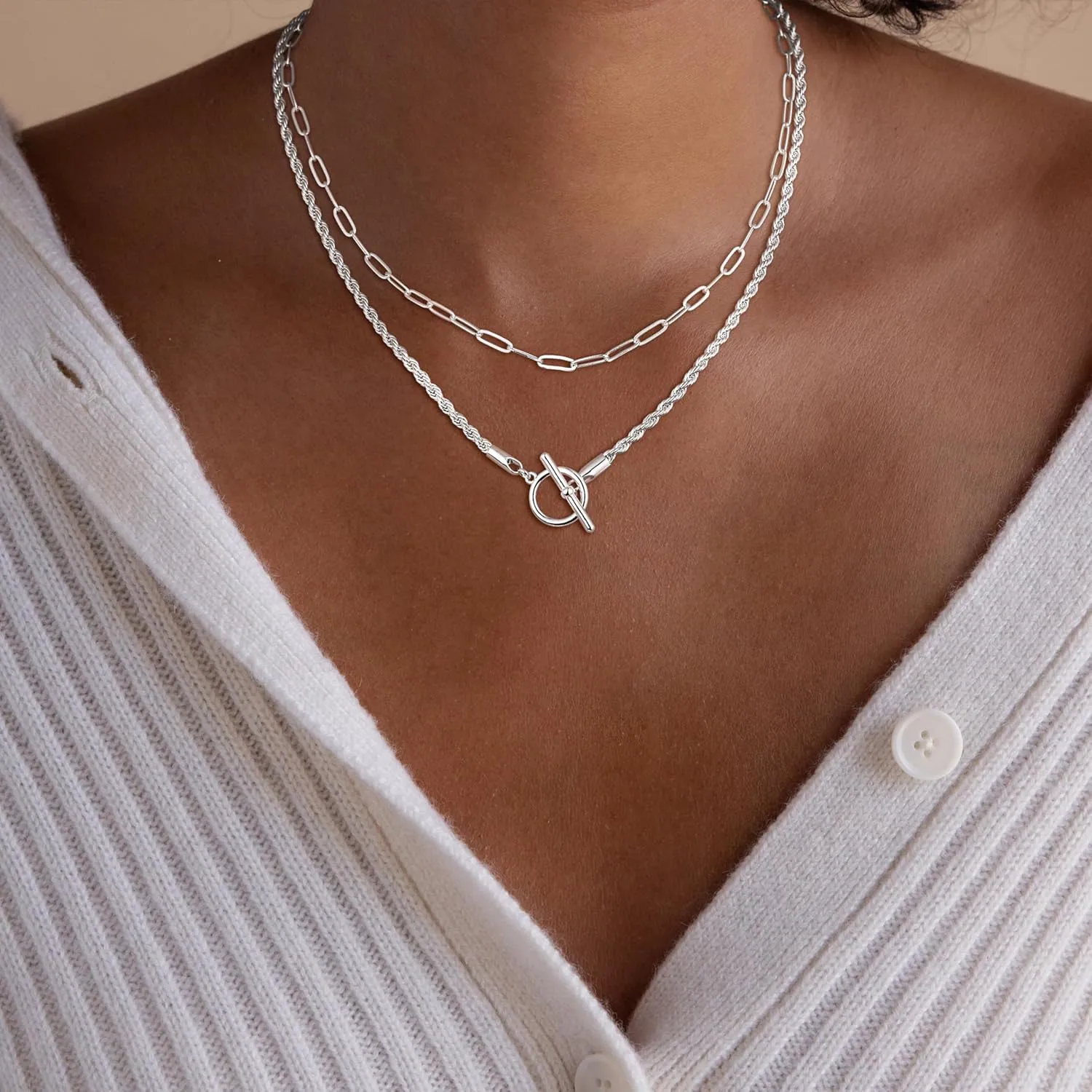 CHESKY Silver Layered Necklaces for Women, 14K Gold/Silver Plated Chain Necklaces for Women Trendy Chunky Paperclip Chain Necklace Dainty Sterling Silver Toggle Necklaces Set Jewelry for Her