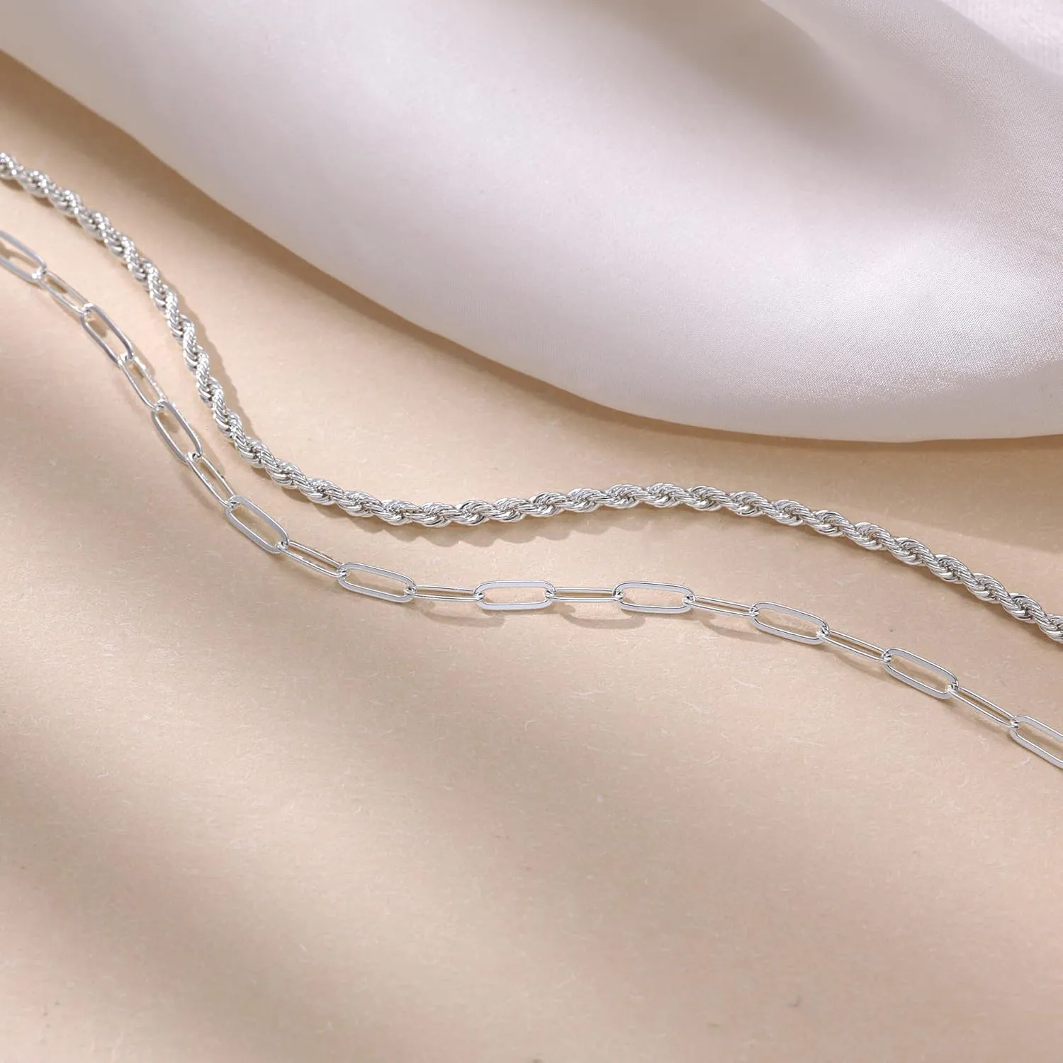 CHESKY Silver Layered Necklaces for Women, 14K Gold/Silver Plated Chain Necklaces for Women Trendy Chunky Paperclip Chain Necklace Dainty Sterling Silver Toggle Necklaces Set Jewelry for Her