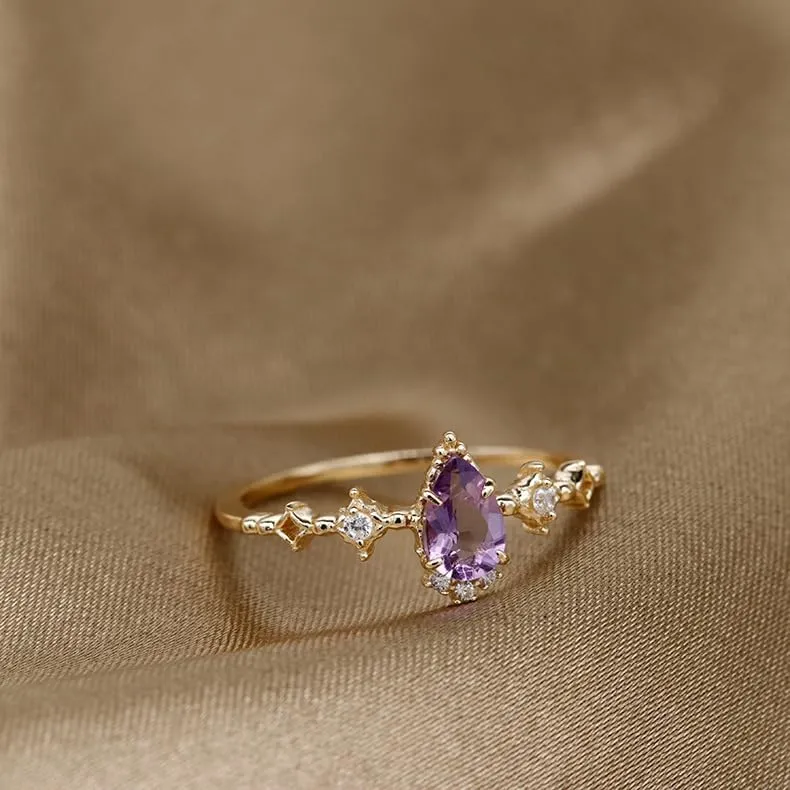 Chic 14K Gold Over S925 Thin Circle & Stackable Amethyst Rings, Versatile February Birthstone Collection, Purple Rings for Fashionable Women