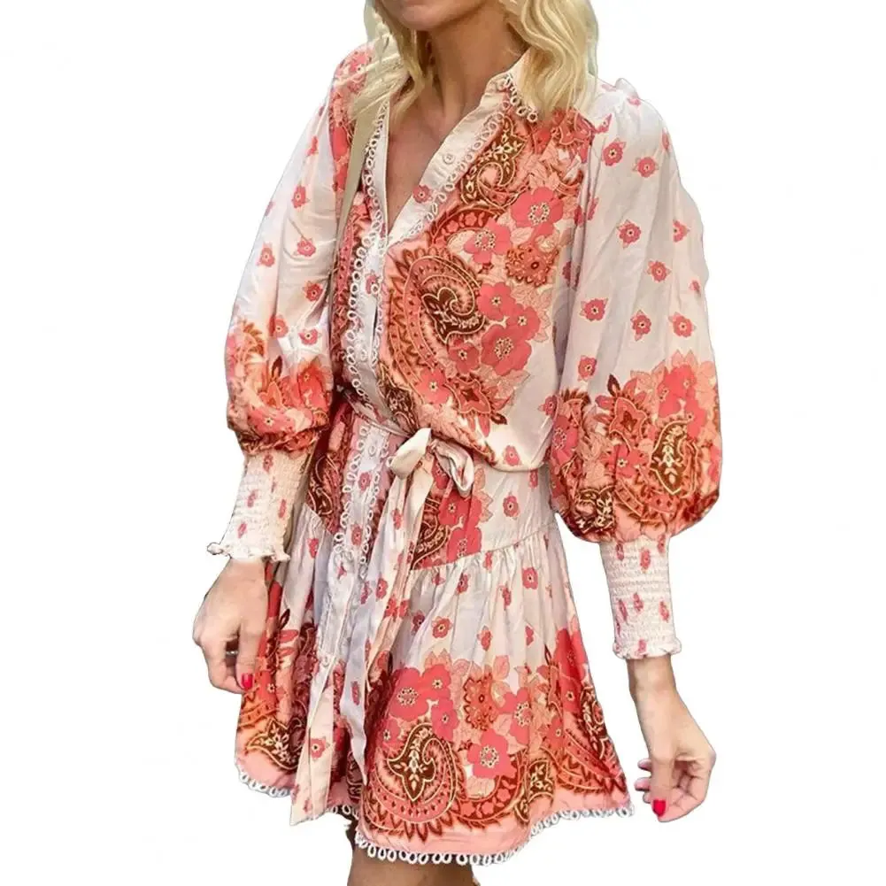 ChicMy-Fall Outfits -Women Fall Spring Dress V Neck Long Sleeve Floral Print Dress Single-breasted Lace-up Tight Waist A-line Lace Dating Mini Dress