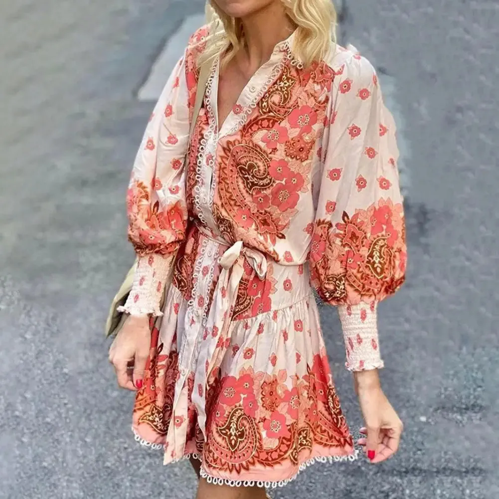ChicMy-Fall Outfits -Women Fall Spring Dress V Neck Long Sleeve Floral Print Dress Single-breasted Lace-up Tight Waist A-line Lace Dating Mini Dress