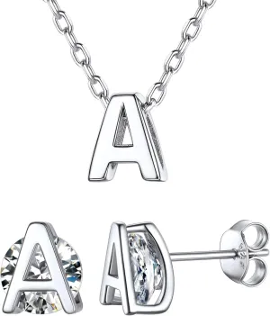 ChicSilver 925 Sterling Silver Letter A Initial Necklace and Cubic Zirconia Letter Stud Earrings Set for Women Girls