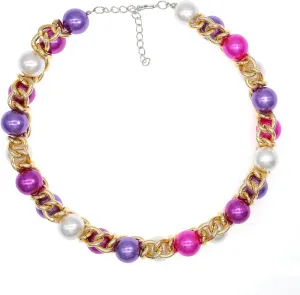 Chunky and Chic Rhinestone Faux Pearl Statement Twist Choker Necklace for Women with Colorful Handcrafted Elegence in Zinc Alloy Chain