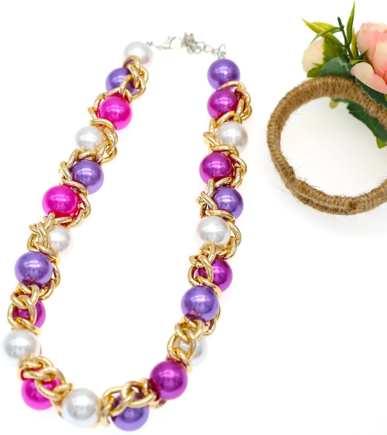 Chunky and Chic Rhinestone Faux Pearl Statement Twist Choker Necklace for Women with Colorful Handcrafted Elegence in Zinc Alloy Chain