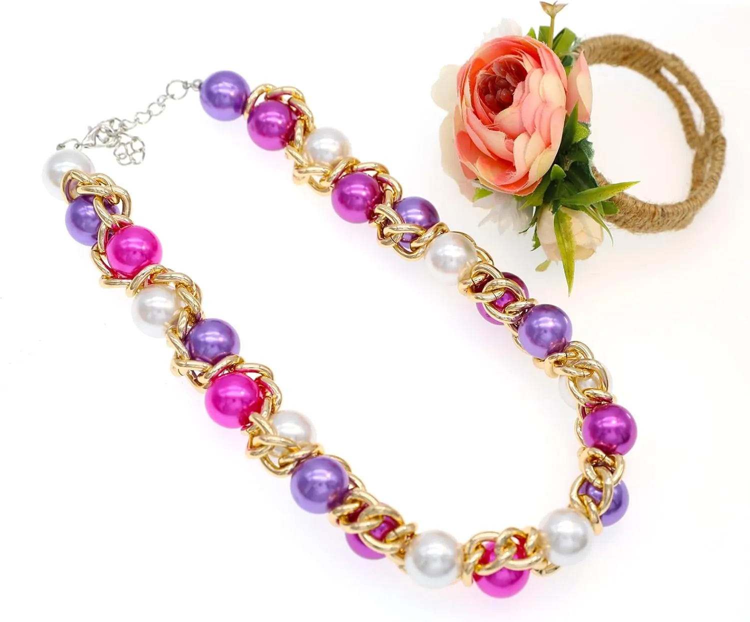 Chunky and Chic Rhinestone Faux Pearl Statement Twist Choker Necklace for Women with Colorful Handcrafted Elegence in Zinc Alloy Chain
