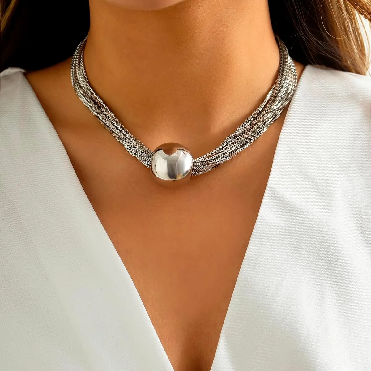 Chunky Bead Statement Choker Necklace - Gold Silver Ball Layered Tassel Chains Choker Statement Jewelry for Women