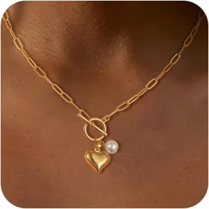 Chunky Gold Necklace for Women Trendy 14K Gold Layered Pendant Necklaces Dainty Chain Heart Paperclip Snake Pearl Necklace Thick T-bar Coin Necklace for Women Jewelry