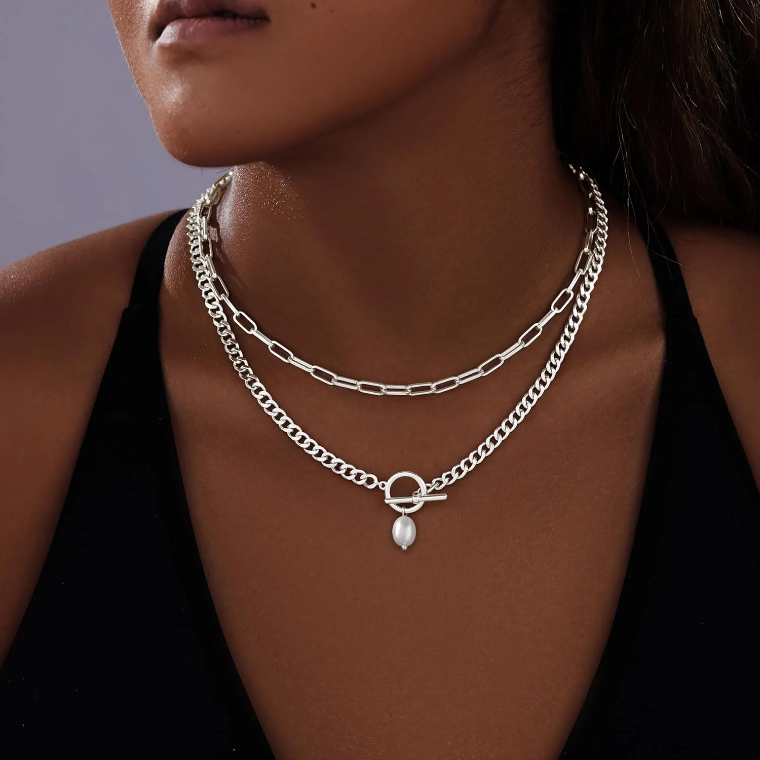 Chunky Gold Necklaces for Women Layered 14k Gold Silver Plated Heart Pearl Pendant Choker Necklace Trendy Dainty Stacked Paperclip Cuban Chain Simple Jewelry Valentine's Day Gifts Set