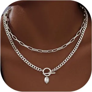 Chunky Gold Necklaces for Women Layered 14k Gold Silver Plated Heart Pearl Pendant Choker Necklace Trendy Dainty Stacked Paperclip Cuban Chain Simple Jewelry Valentine's Day Gifts Set