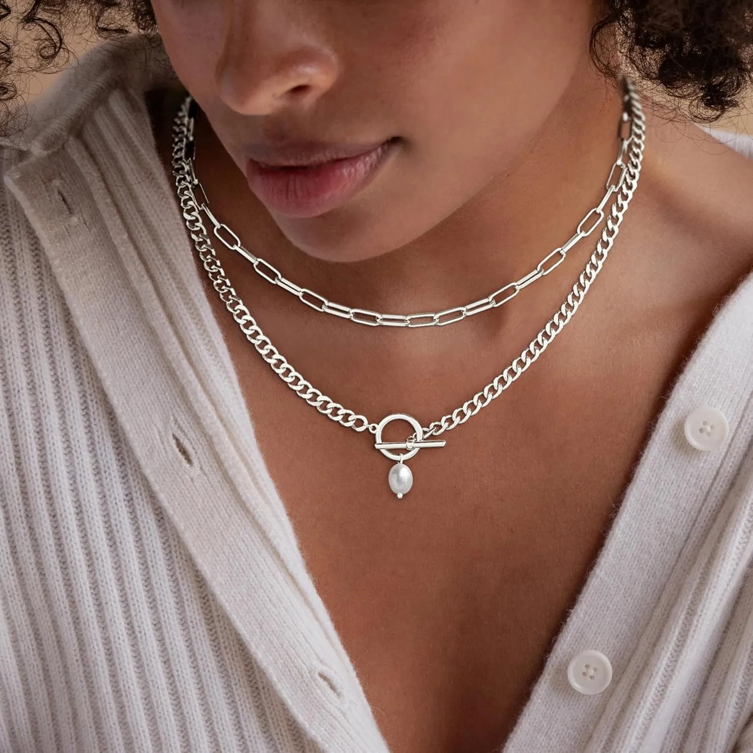Chunky Gold Necklaces for Women Layered 14k Gold Silver Plated Heart Pearl Pendant Choker Necklace Trendy Dainty Stacked Paperclip Cuban Chain Simple Jewelry Valentine's Day Gifts Set