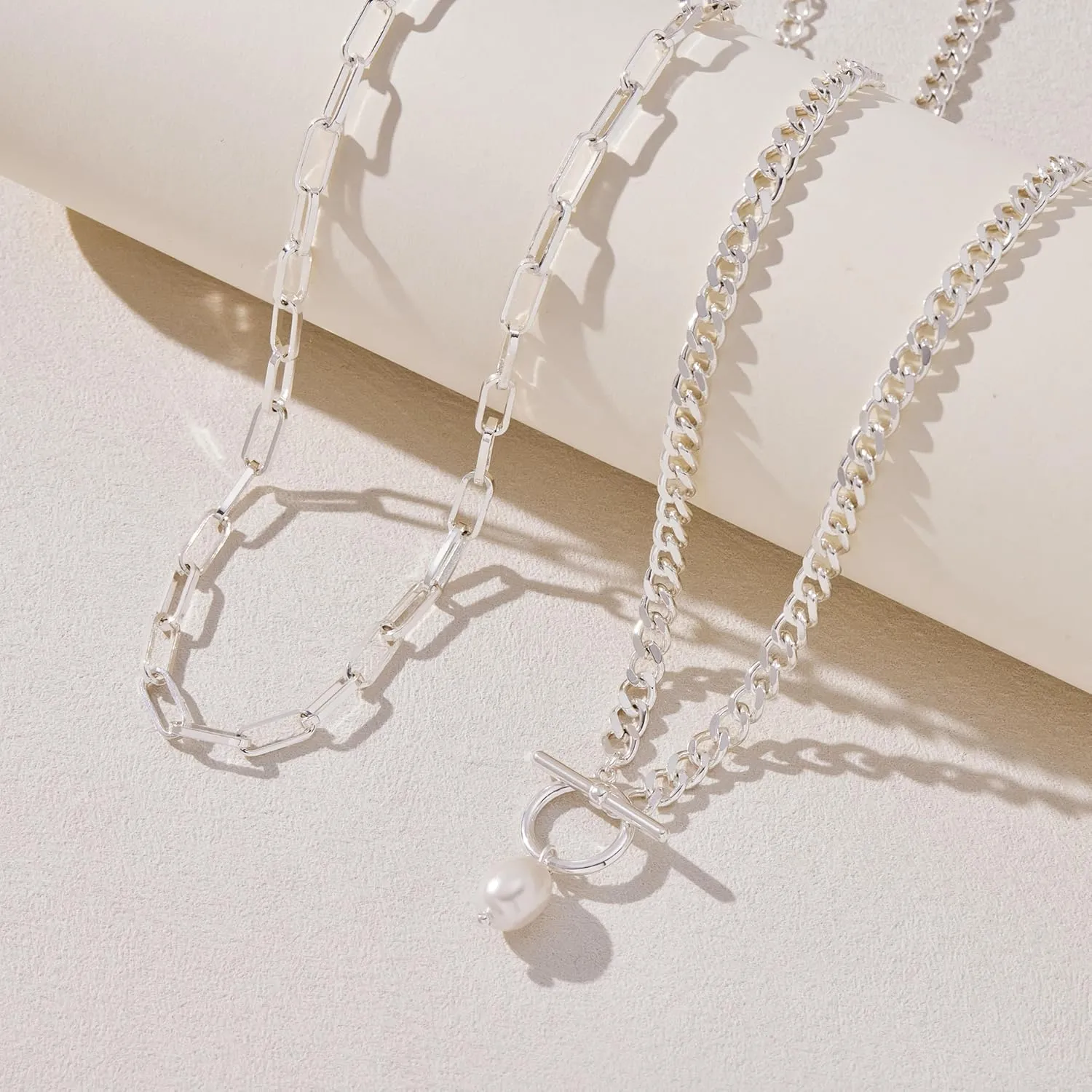 Chunky Gold Necklaces for Women Layered 14k Gold Silver Plated Heart Pearl Pendant Choker Necklace Trendy Dainty Stacked Paperclip Cuban Chain Simple Jewelry Valentine's Day Gifts Set