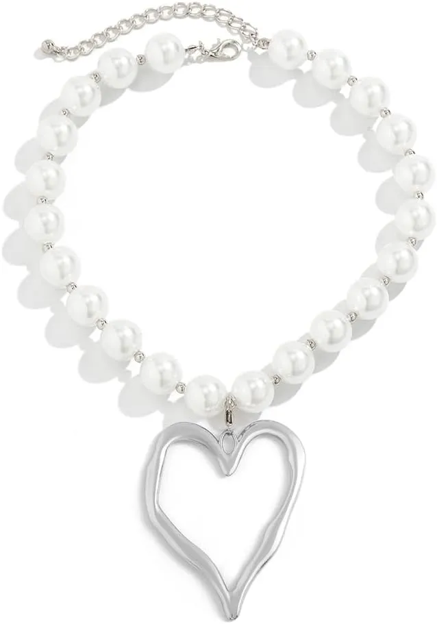 Chunky Heart Necklace for Women,Gold Statement Choker Necklaces Trendy Big Heart Pearl Layered Chain Choker Fashion Statement Necklace Jewelry