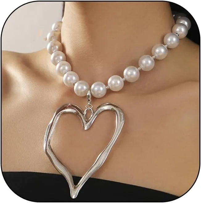 Chunky Heart Necklace for Women,Gold Statement Choker Necklaces Trendy Big Heart Pearl Layered Chain Choker Fashion Statement Necklace Jewelry