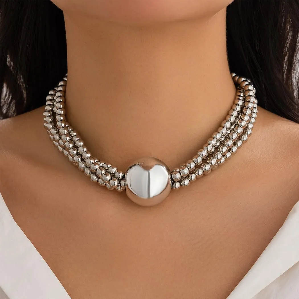 Chunky Layered Gold Beaded Choker Necklace for Women Silver Stackable Balls Statement Necklace Thick Adjustable Geometric Sphere Necklace Jewelry