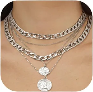 Chunky Silver Layered Necklaces for Women Trendy Coin Pendant Chain Jewelry Set Adjustable Dainty Statement Necklace Gift for Her