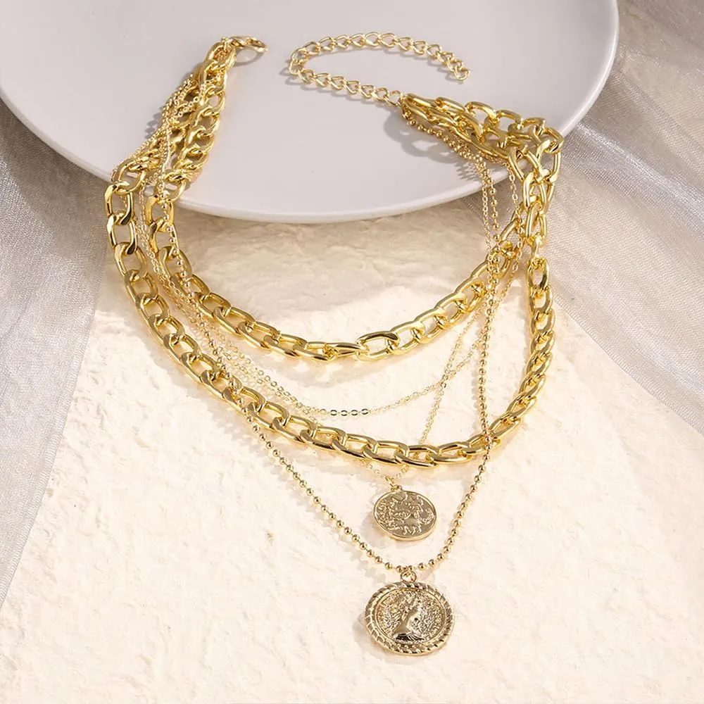 Chunky Silver Layered Necklaces for Women Trendy Coin Pendant Chain Jewelry Set Adjustable Dainty Statement Necklace Gift for Her