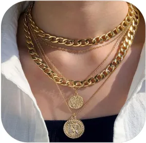 Chunky Silver Layered Necklaces for Women Trendy Coin Pendant Chain Jewelry Set Adjustable Dainty Statement Necklace Gift for Her