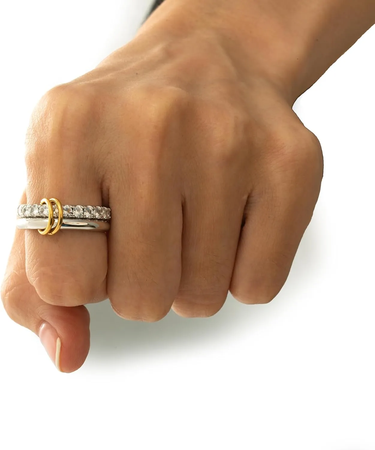 Chunky Stackable Cubic Zirconia Rings Set Non Tarnish, Silver Rings Set for Women, 18K White Gold Plated Multi-Link Connected Rings