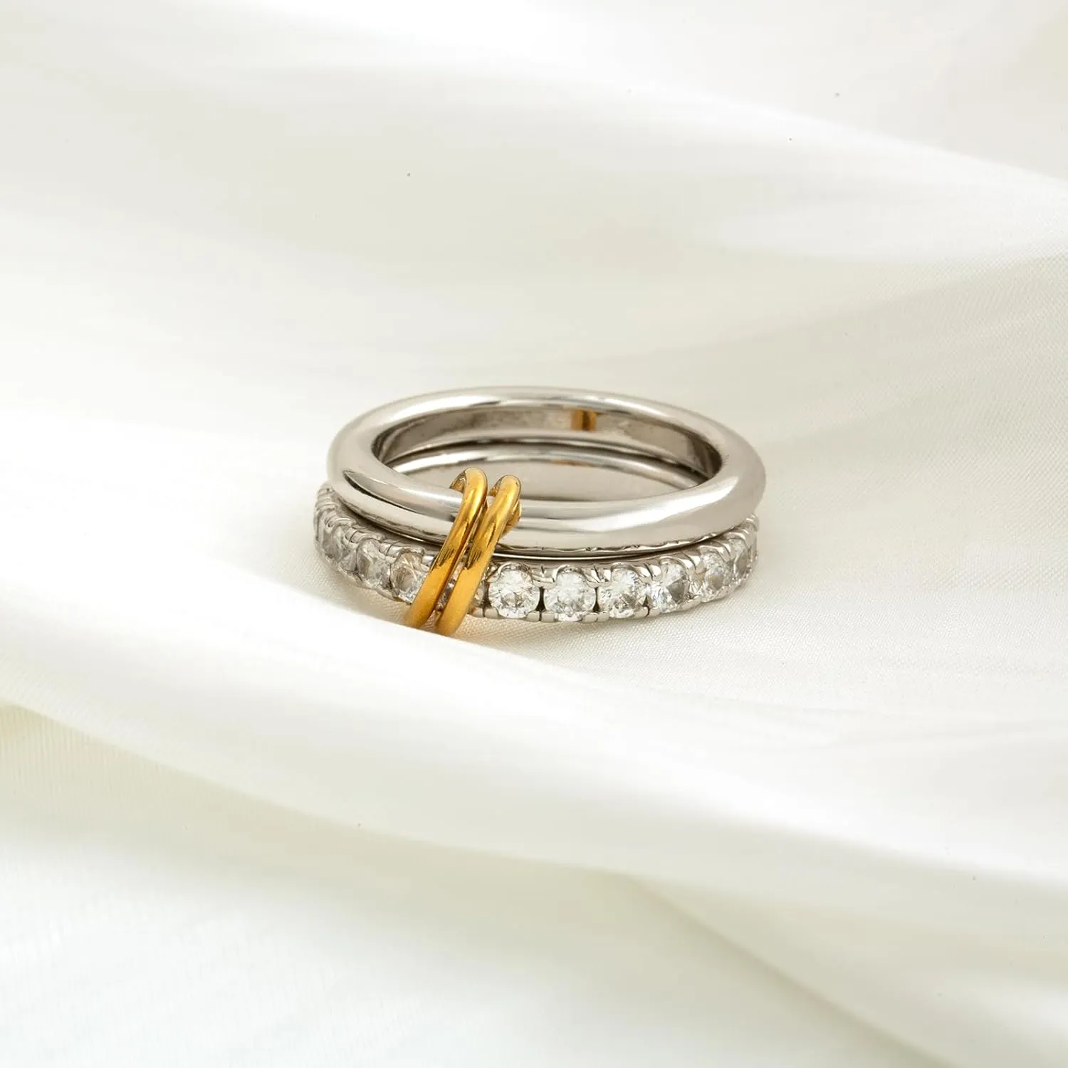 Chunky Stackable Cubic Zirconia Rings Set Non Tarnish, Silver Rings Set for Women, 18K White Gold Plated Multi-Link Connected Rings