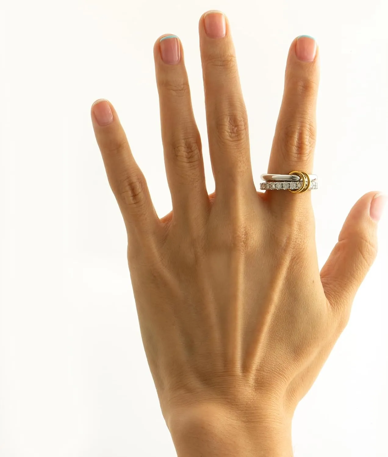 Chunky Stackable Cubic Zirconia Rings Set Non Tarnish, Silver Rings Set for Women, 18K White Gold Plated Multi-Link Connected Rings