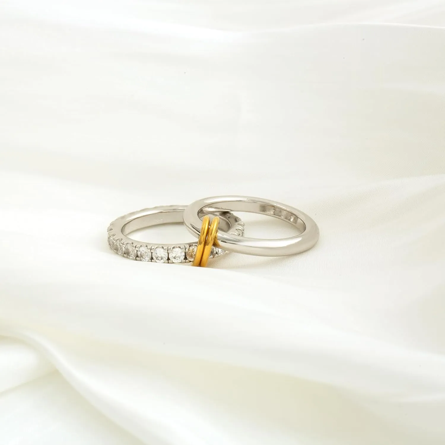 Chunky Stackable Cubic Zirconia Rings Set Non Tarnish, Silver Rings Set for Women, 18K White Gold Plated Multi-Link Connected Rings