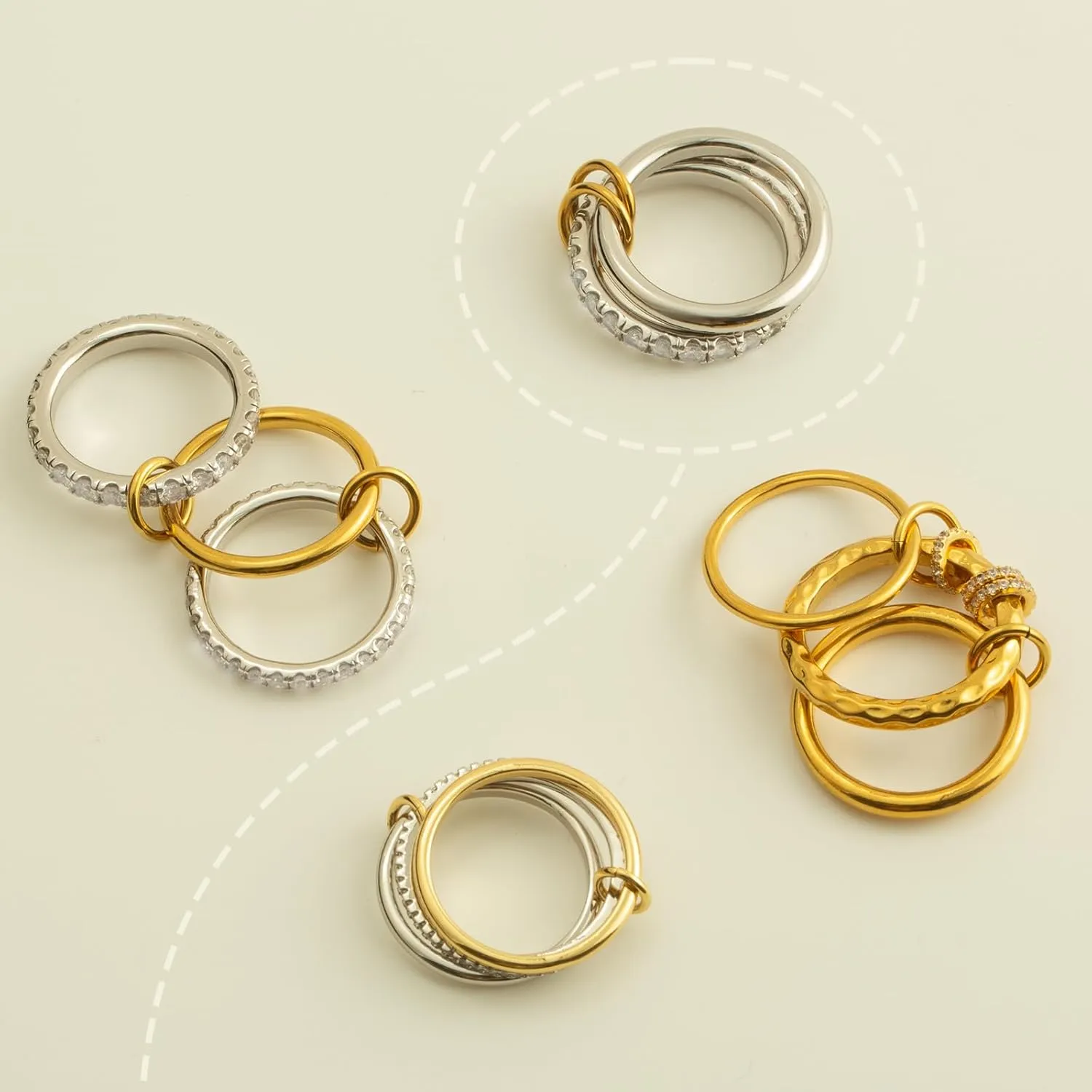 Chunky Stackable Cubic Zirconia Rings Set Non Tarnish, Silver Rings Set for Women, 18K White Gold Plated Multi-Link Connected Rings