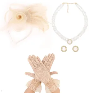 CIEHER 4 Pack Fascinators Hats for Women Tea Party, Kentucky Women Derby Hat Lace Gloves Double Pearl Jewelry Set (Earrings and Necklace) Mesh Ribbons Feathers Headband for Girls - Champagne (Style 1)