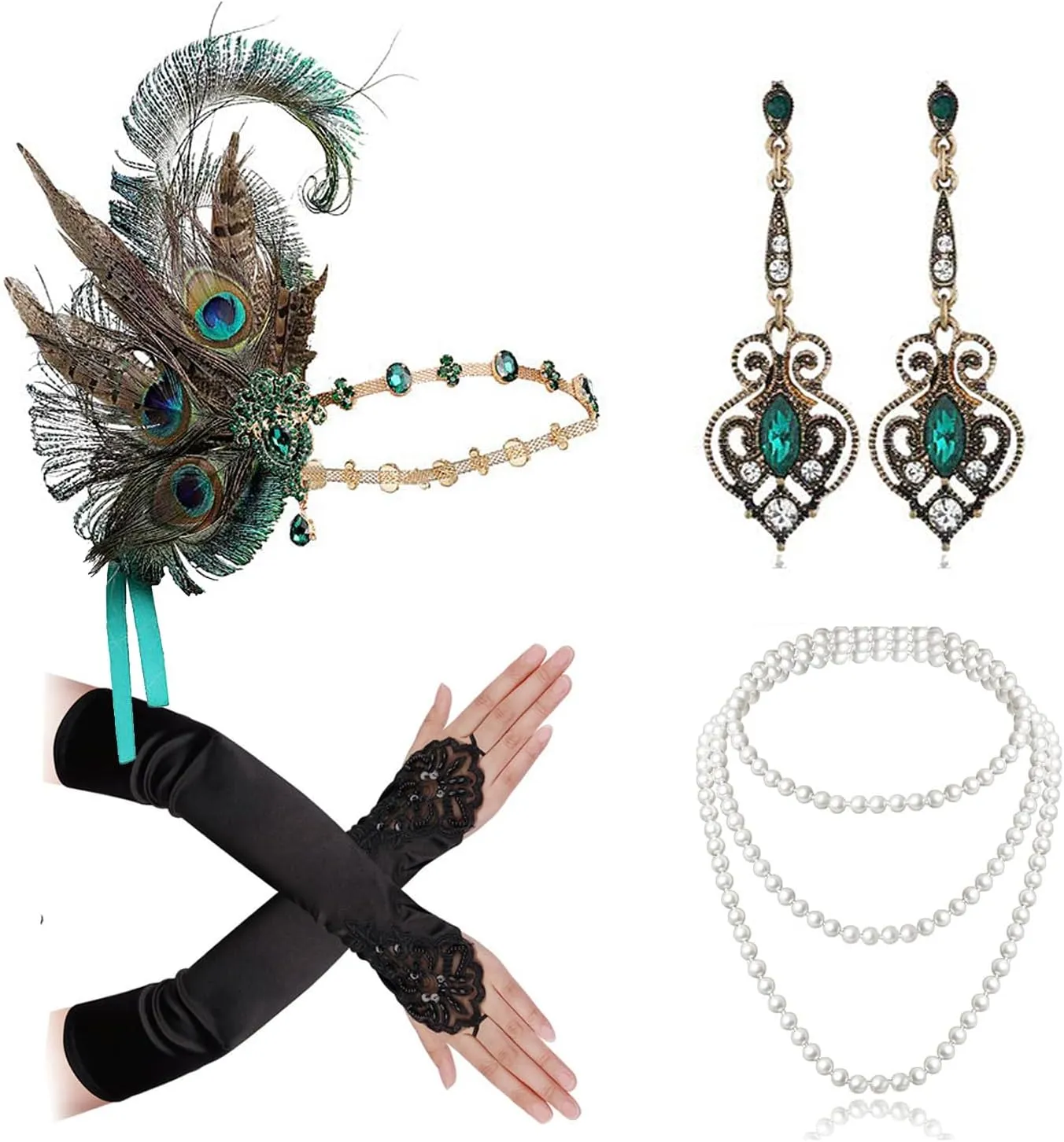 Cizoe 1920s Flapper Accessories Set for Women, Great Gatsby Headband Headpiece Roaring 20s Flapper Costume Accessories Set