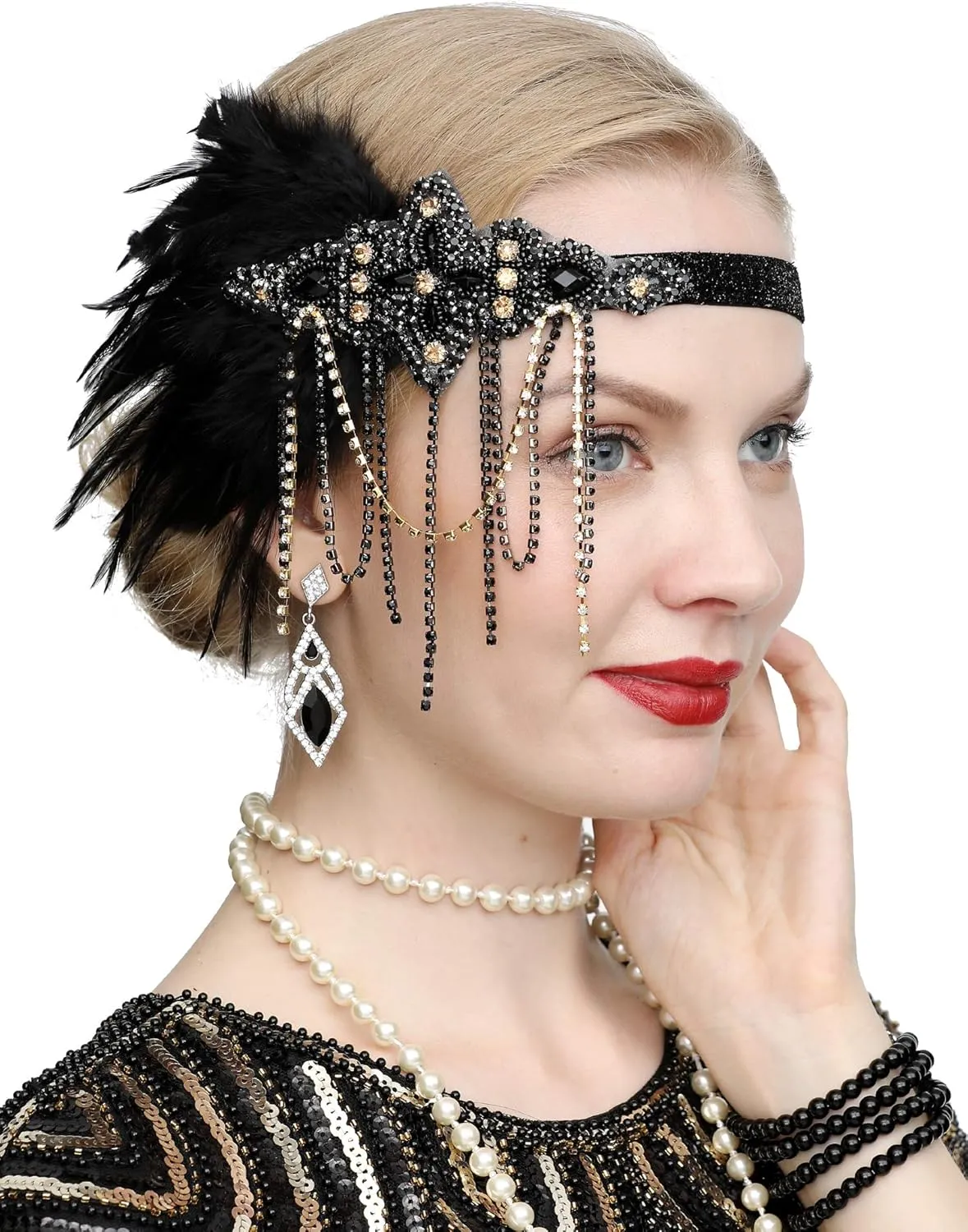 Cizoe 1920s Flapper Gatsby Costume Accessories Set 20s Flapper Headband Vintage Pearl Necklace Gloves