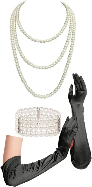 Cizoe 1920s Flapper Gatsby Costume Accessories Set 20s Flapper Headband Vintage Pearl Necklace Gloves