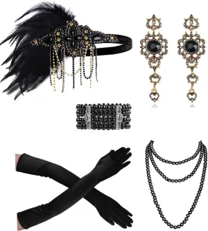 Cizoe 1920s Flapper Gatsby Costume Accessories Set 20s Flapper Headband Vintage Pearl Necklace Gloves